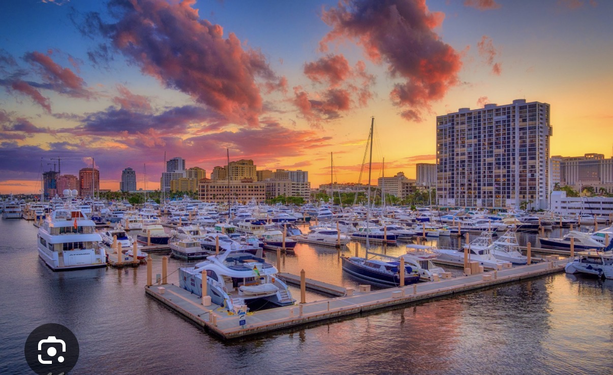 Deep-water marina at sunset, Palm Beach yachts and luxury vessels at dock