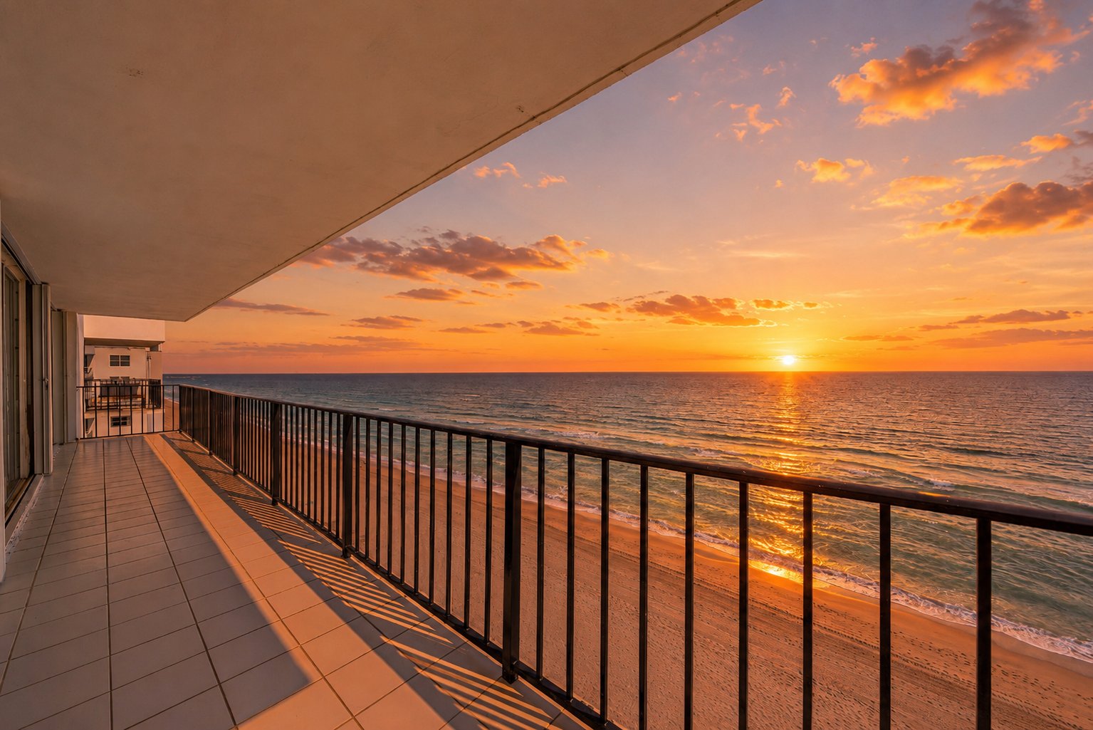 Panoramic sunset view from the private oceanfront terrace at The Claridges Penthouse 802, Palm Beach — golden hour over the Atlantic Ocean